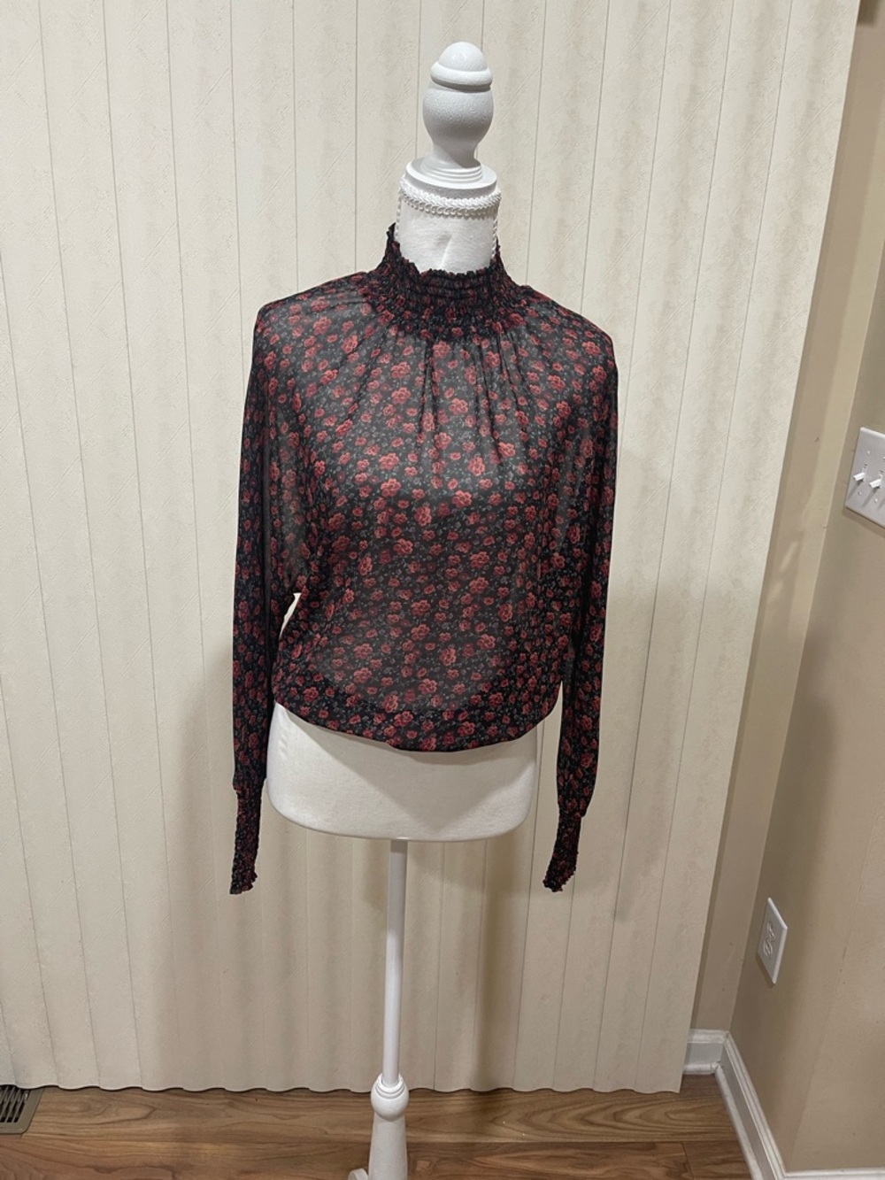 Dynamite Black Sheer Blouse with Red Floral Print